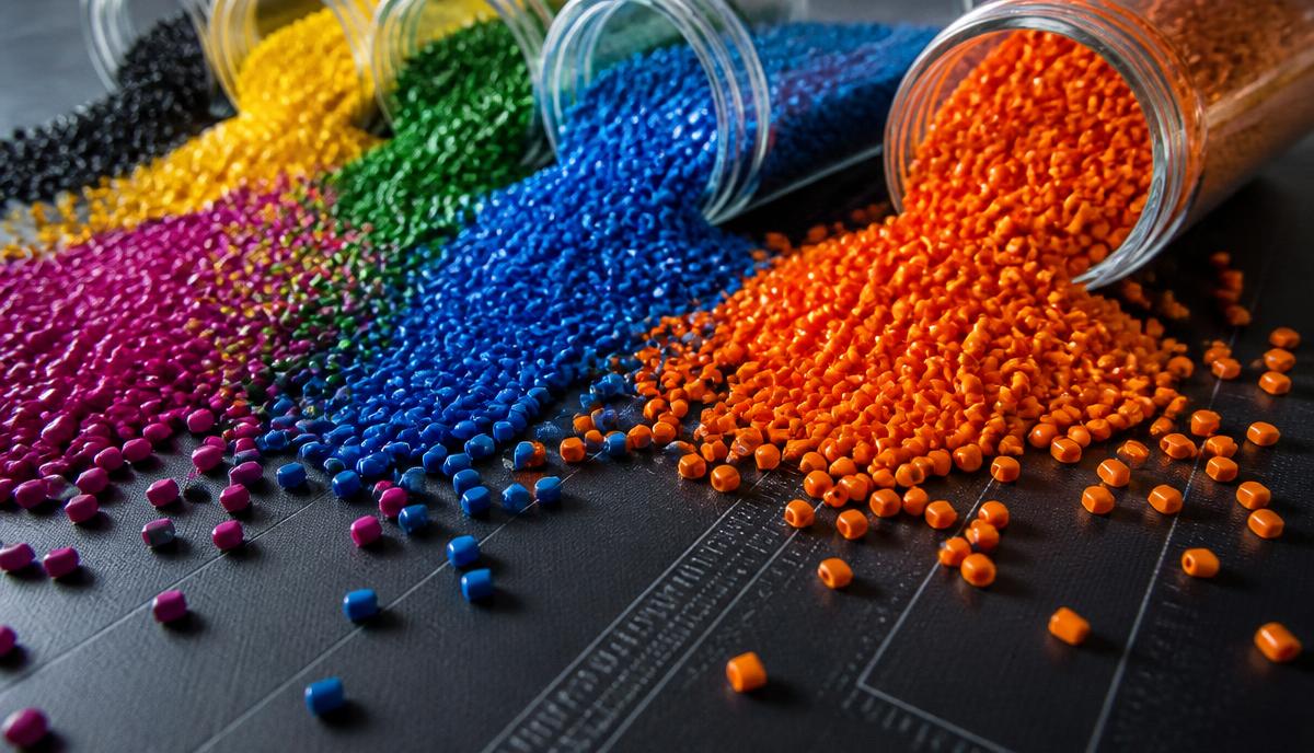 Colored masterbatch granules on a dark technical surface