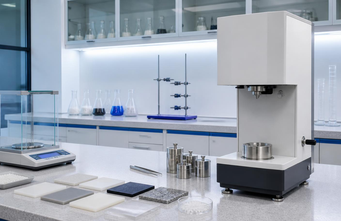 Polymer quality control laboratory with testing instruments and sample plaques
